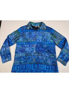 Chicos Blue Beaded Metallic Embroidered Button-Down Shirt Jacket Size 2 Large